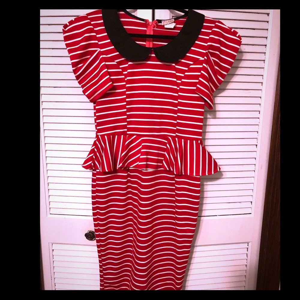 Red white striped retro peplum dress black collar